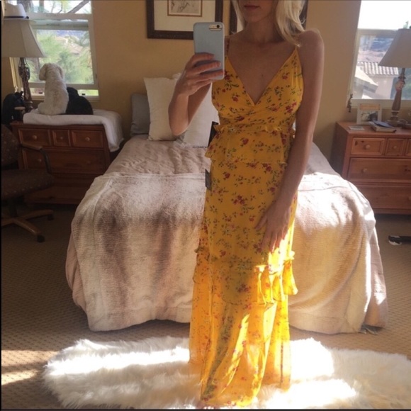 LULU’S Sexy Long Yellow Floral Ruffle Maxi Dress - Picture 5 of 8